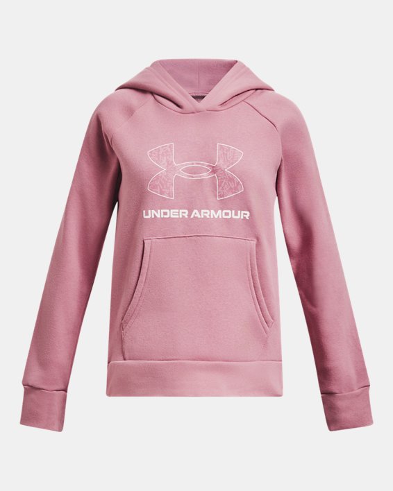 Girls' UA Rival Fleece Big Logo Print Fill Hoodie in Pink image number 0